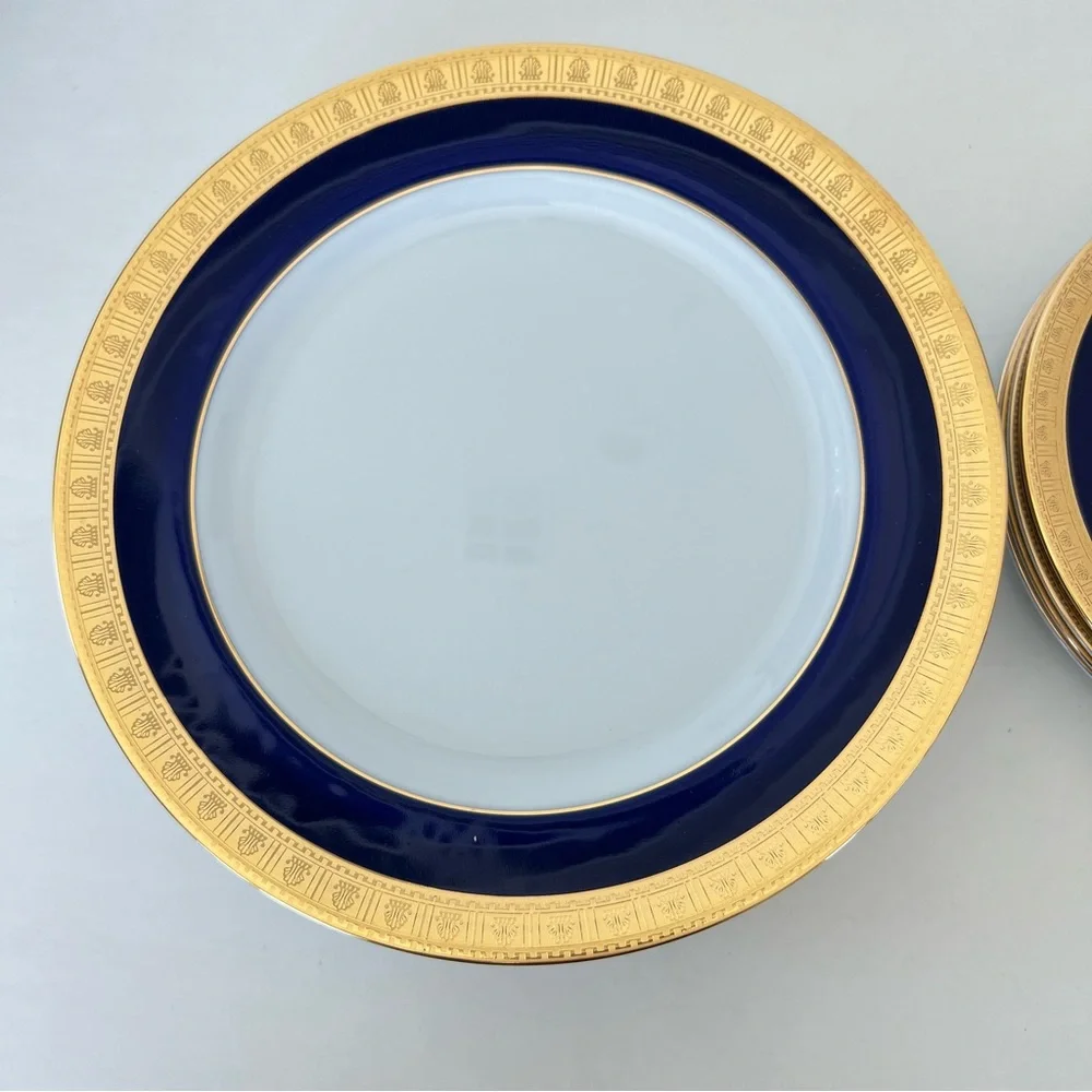 YAMASHIGE Japan 8 Pc Cobalt Blue Gold Encrusted Dinner w Salad Plates Porcelain
